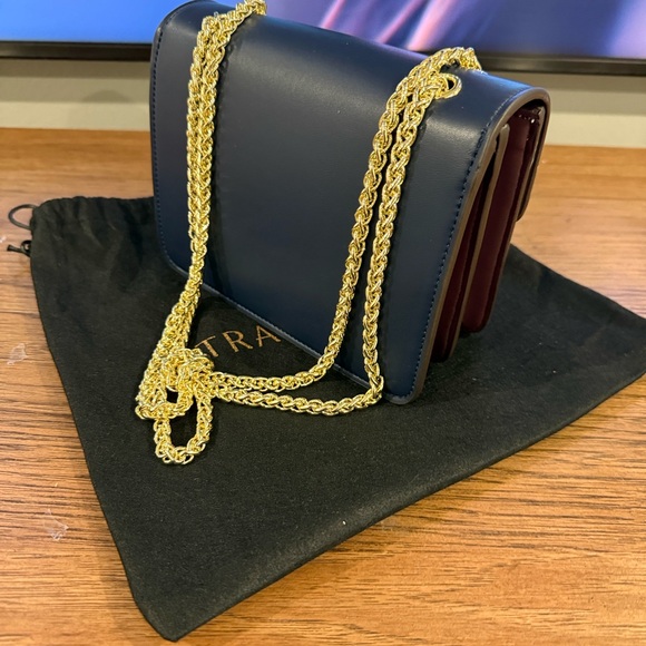 Strathberry Navy and White Crossbody Bag with Gold Chain - Picture 2 of 8
